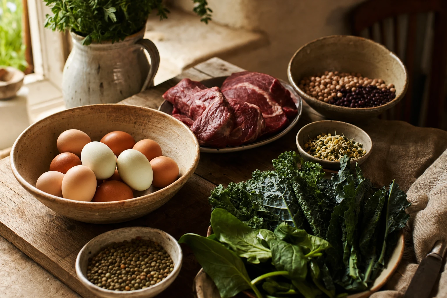 Arrangement of B vitamins in food form: eggs, beef, dark leafy greens, legumes