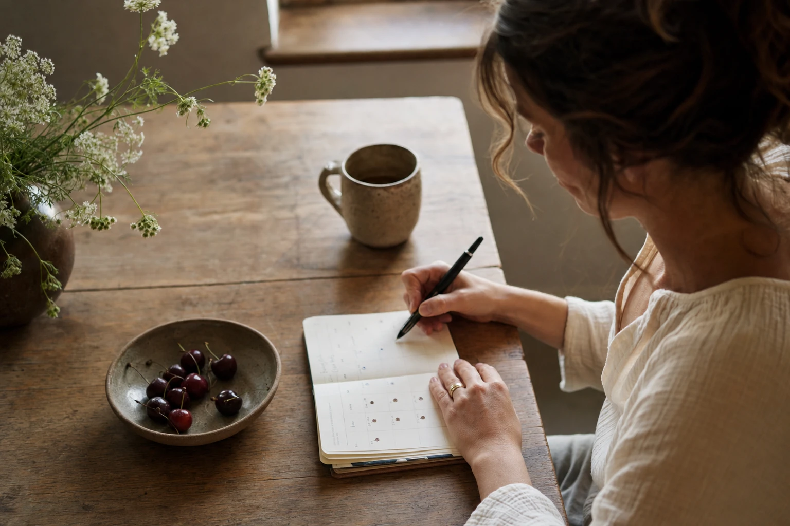 Woman tracking her menstrual cycle with visible calendar