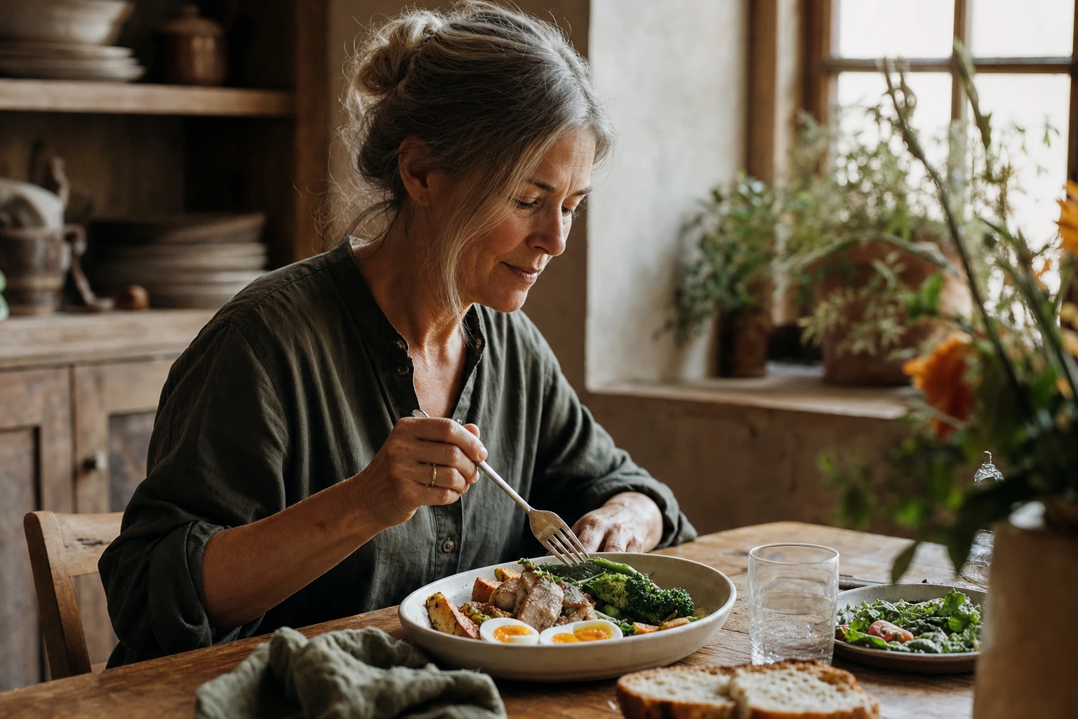 Mature woman eating a meal rich in vegetables, protein, and fat