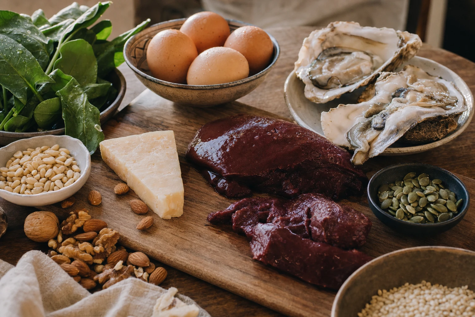 Zinc-rich foods on a board
