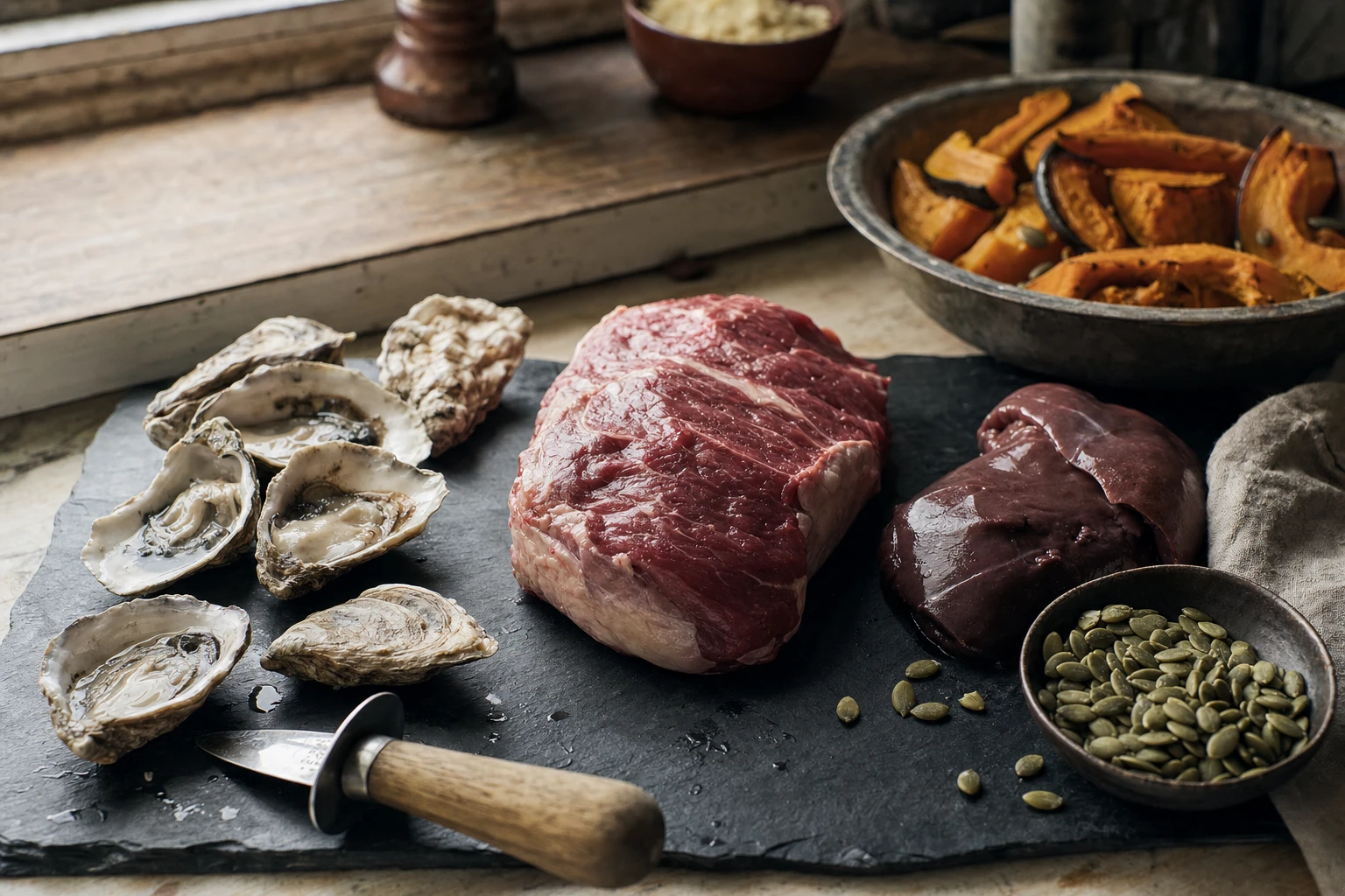 Oysters, beef, liver and pumpkin seeds arranged on a slate board